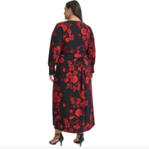 Tommy Hilfiger Plus Size Floral Smocked-Cuff MIDI Dress - Black/Scarlet - Picture 4 of 4